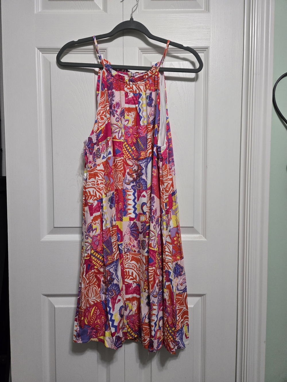 Vibrant Pink & Orange Patchwork Halter Mini Dress